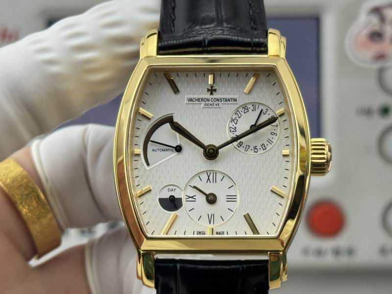 Vacheron Constantin Malte Tonneau Dual Time Gold Silver Dial Brown Leather Watch 36mm