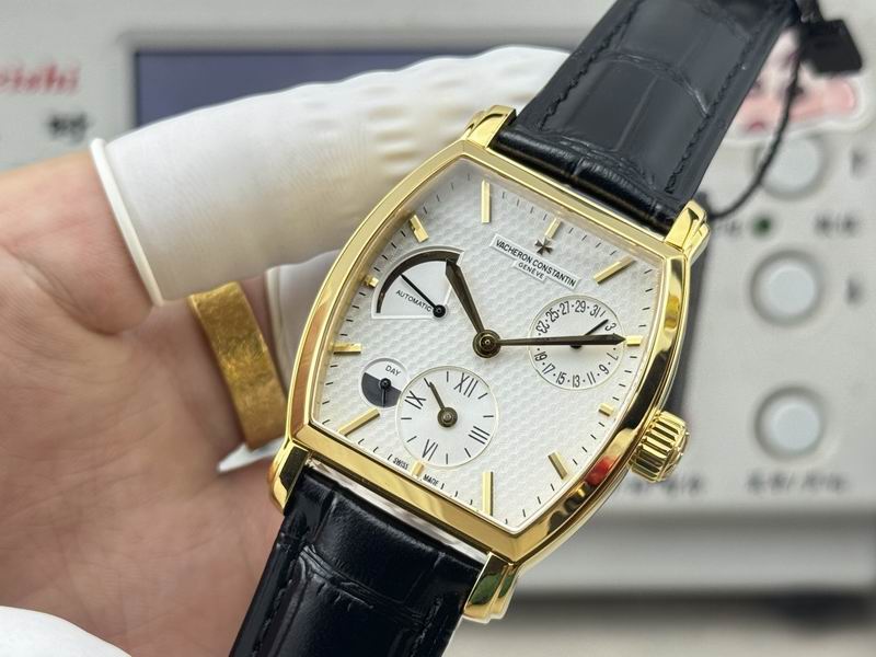Vacheron Constantin Malte Tonneau Dual Time Gold Silver Dial Brown Leather Watch 36mm