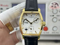 Vacheron Constantin Malte Tonneau Dual Time Gold Silver Dial Brown Leather Watch 36mm