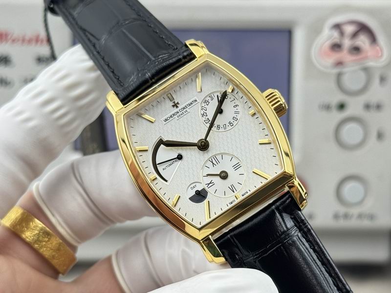 Vacheron Constantin Malte Tonneau Dual Time Gold Silver Dial Brown Leather Watch 36mm