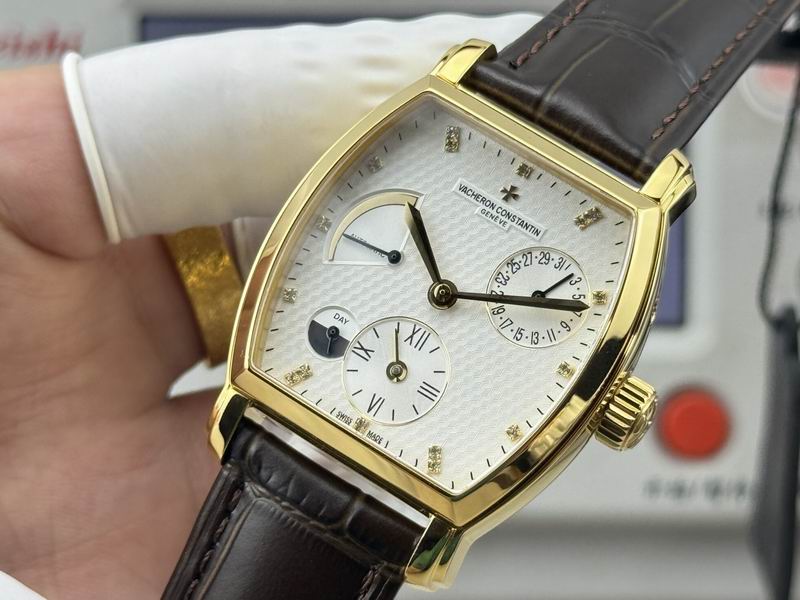 Vacheron Constantin Malte Tonneau Dual Time Diamond Silver Dial Brown Leather Watch 36mm