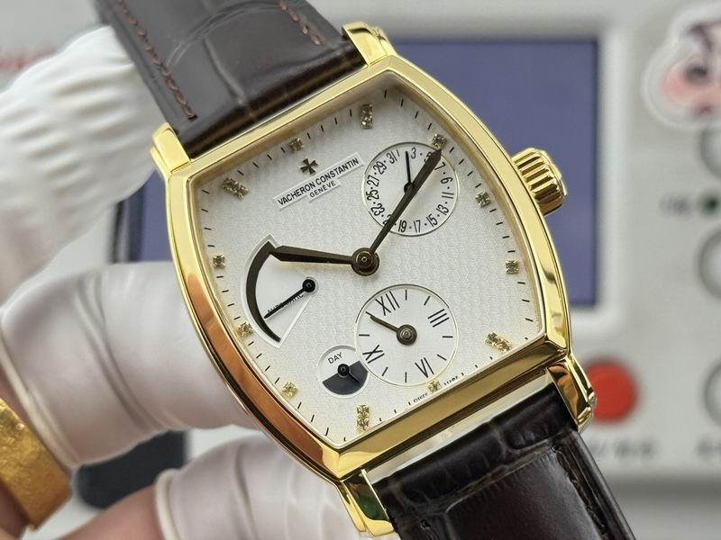 Vacheron Constantin Malte Tonneau Dual Time Diamond Silver Dial Brown Leather Watch 36mm