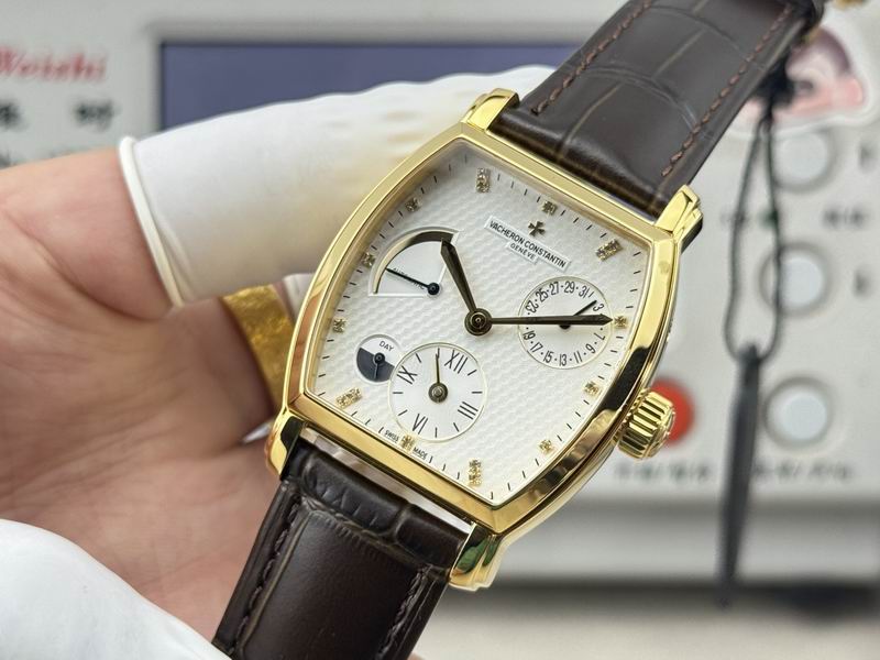 Vacheron Constantin Malte Tonneau Dual Time Diamond Silver Dial Brown Leather Watch 36mm