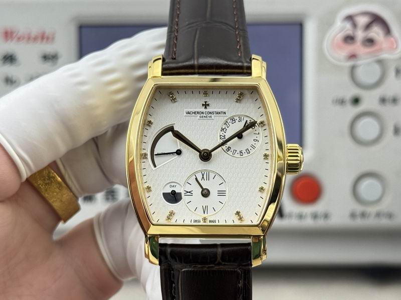 Vacheron Constantin Malte Tonneau Dual Time Diamond Silver Dial Brown Leather Watch 36mm