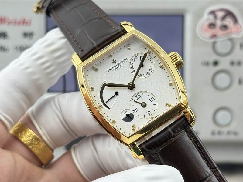 Vacheron Constantin Malte Tonneau Dual Time Diamond Silver Dial Brown Leather Watch 36mm